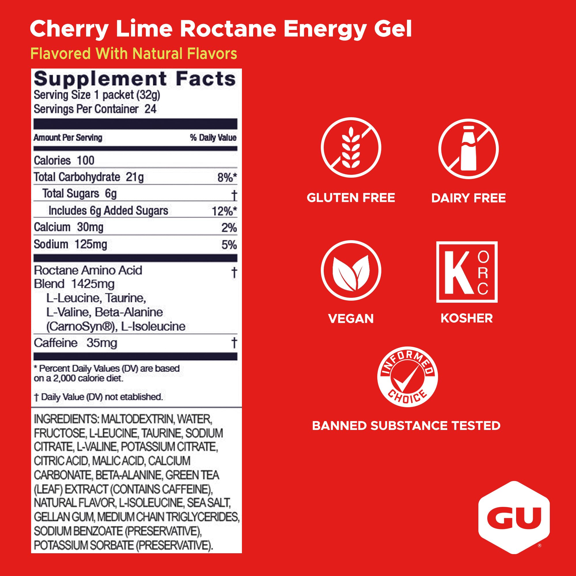 GU Roctane detalle de etiqueta con ingredientes y beneficios nutricionales
