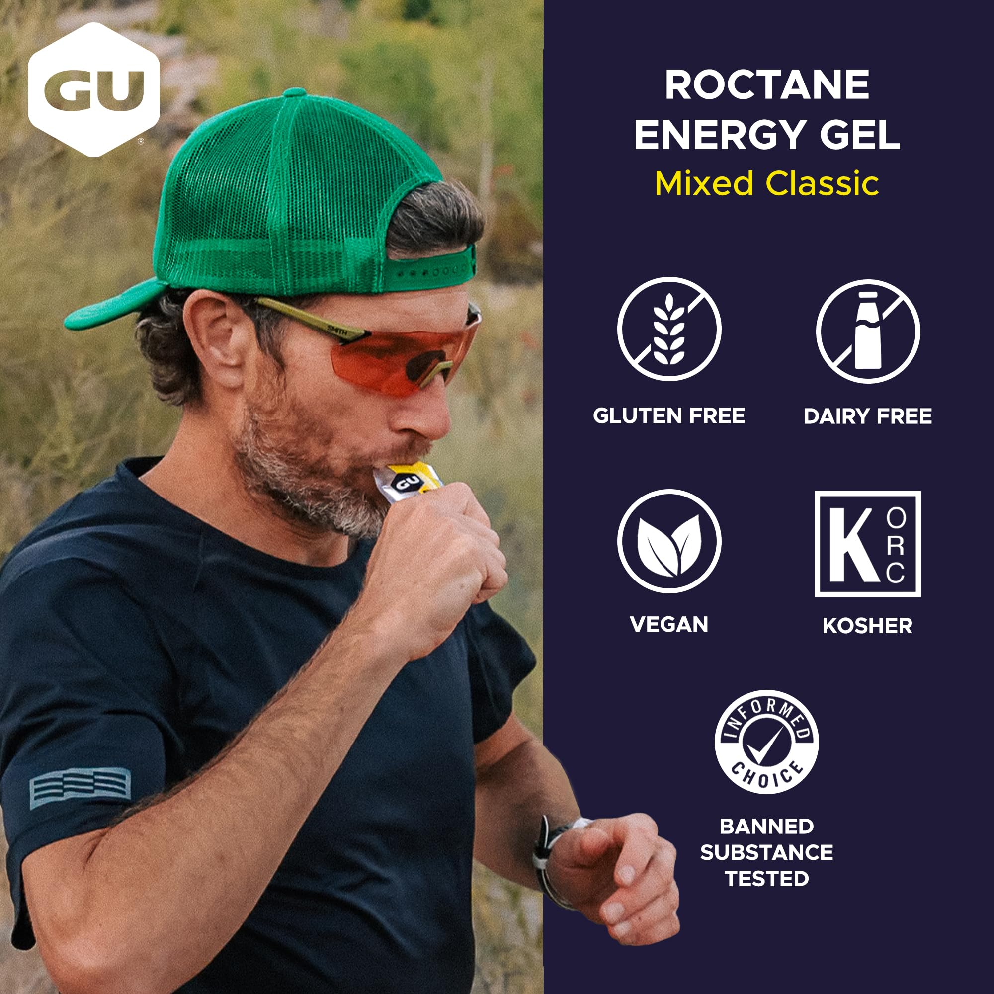 GU Energy gel en mano para escala y transporte cómodo en carrera