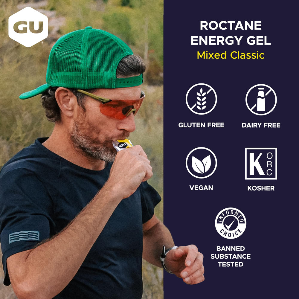 GU Energy gel en mano para escala y transporte cómodo en carrera