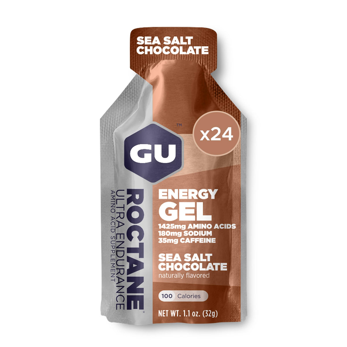GU Energy sobre frontal Sea Salt Chocolate mostrando envase y beneficios energéticos