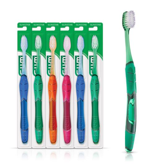 GUM cepillo frontal con envase mostrando pack y beneficio de higiene