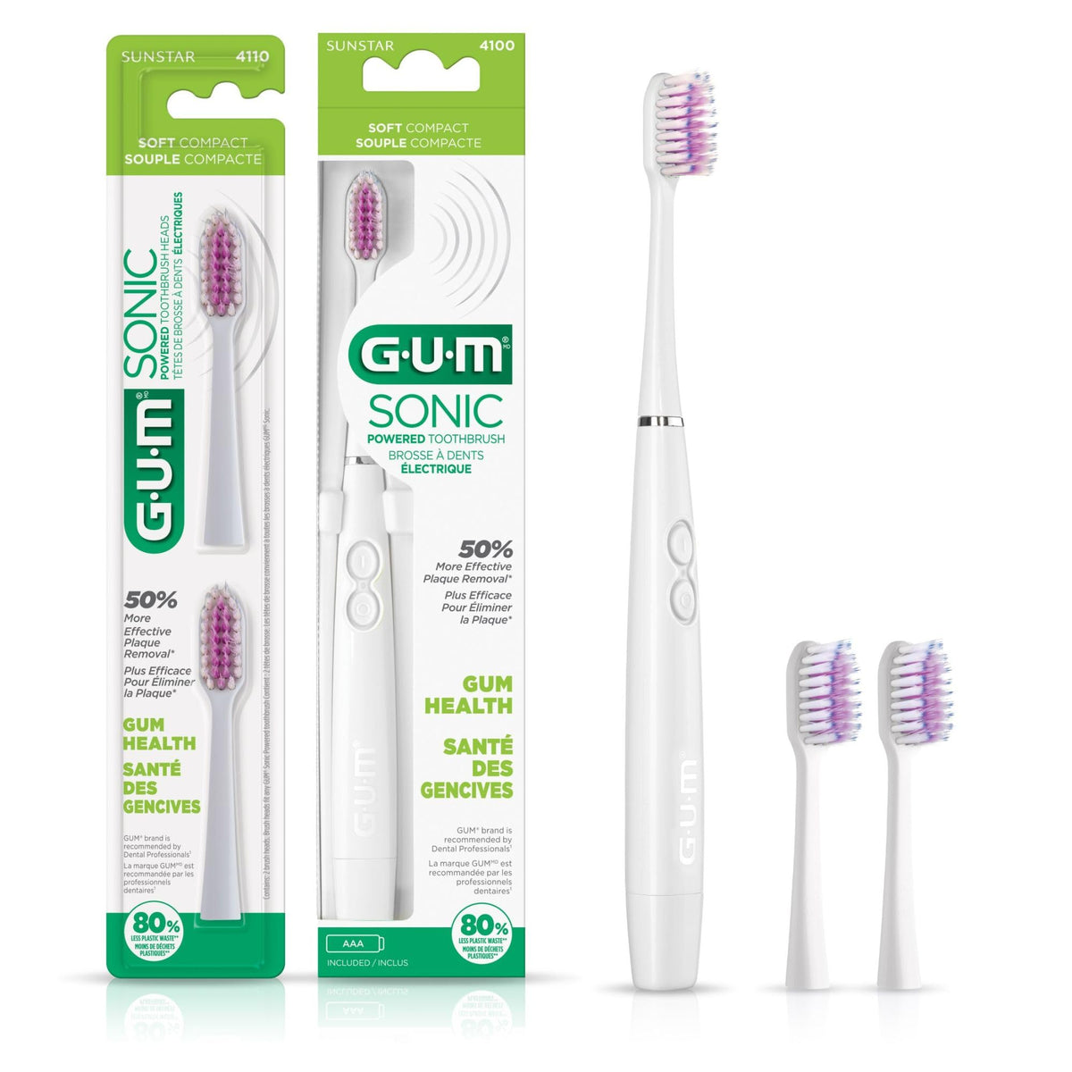 GUM cepillo frontal blanco mostrando diseño elegante y portabilidad