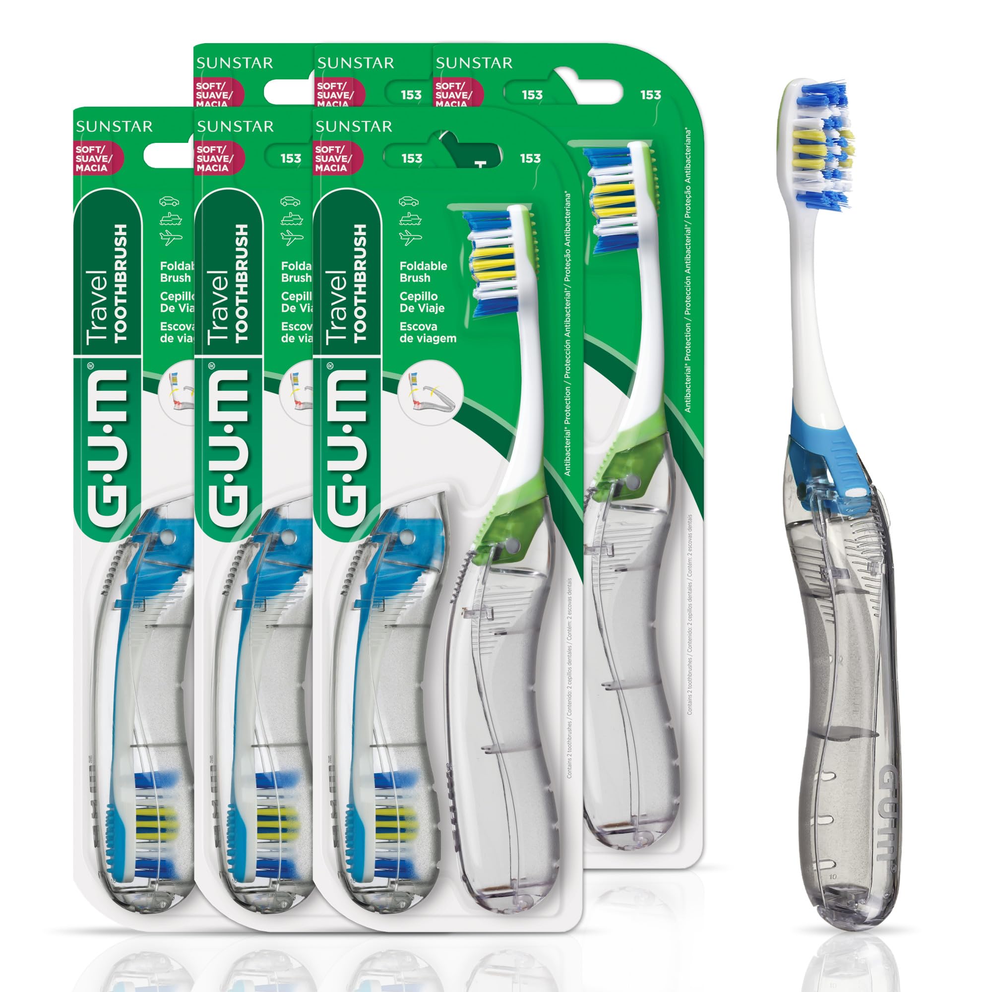 GUM cepillo plegable frontal mostrando su cierre higiénico y ahorro de espacio