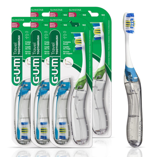 GUM cepillo plegable frontal mostrando su cierre higiénico y ahorro de espacio