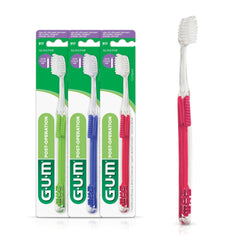 GUM cepillo postquirúrgico vista frontal mostrando cabeza compacta y mango plano para control