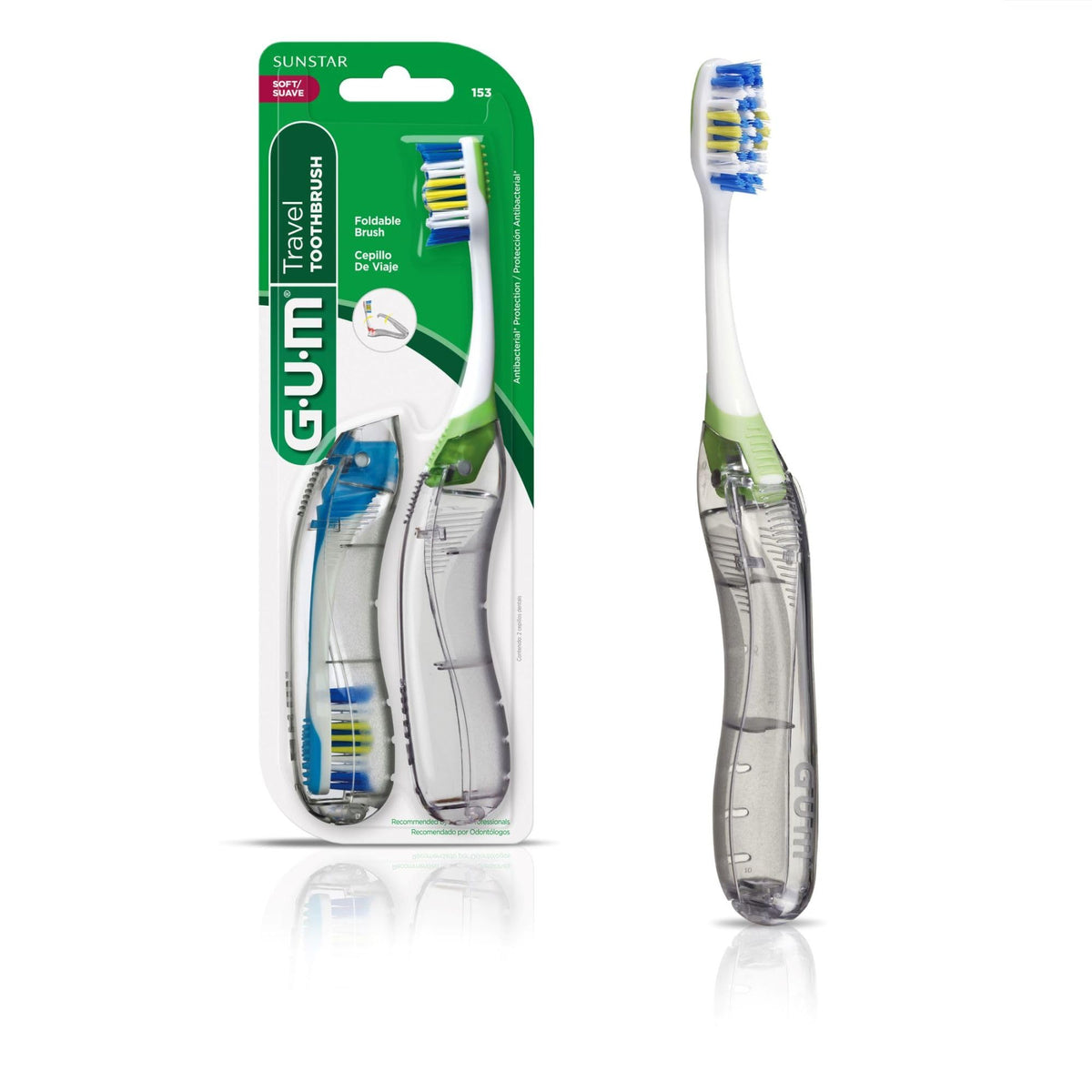 GUM cepillo de viaje frontal con empaque mostrando dos unidades y portabilidad