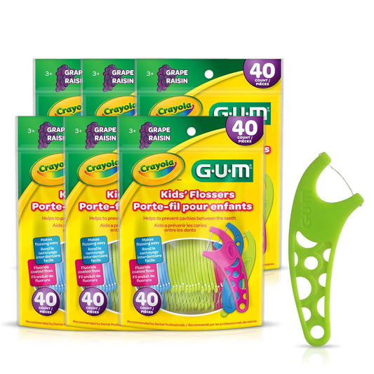 GUM empaque frontal mostrando 40 floss picks por paquete y beneficio educativo