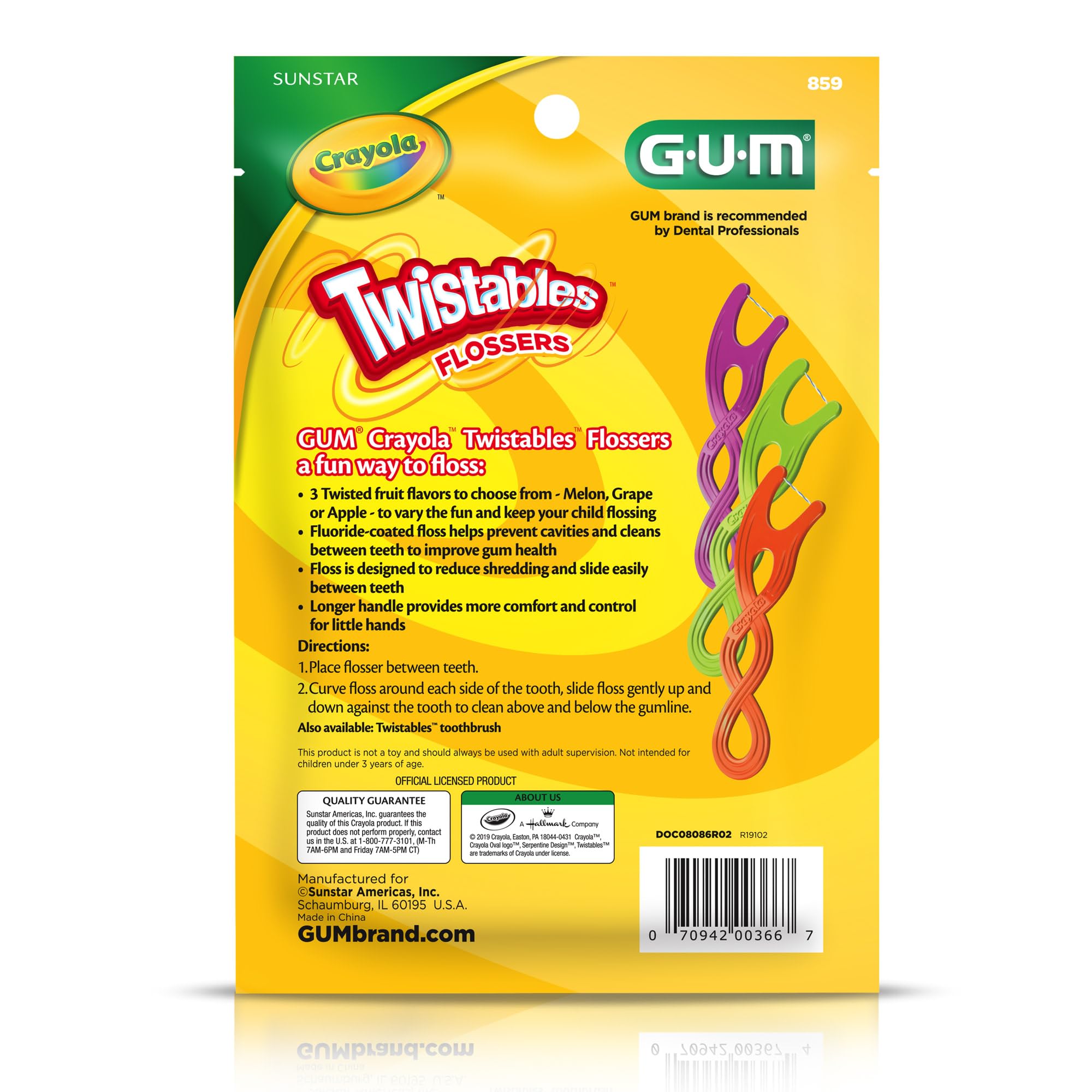 GUM Crayola etiqueta del paquete con información de flúor y cantidad