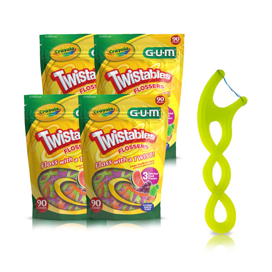 GUM Crayola paquete frontal mostrando 90 flosser para niños y conveniencia