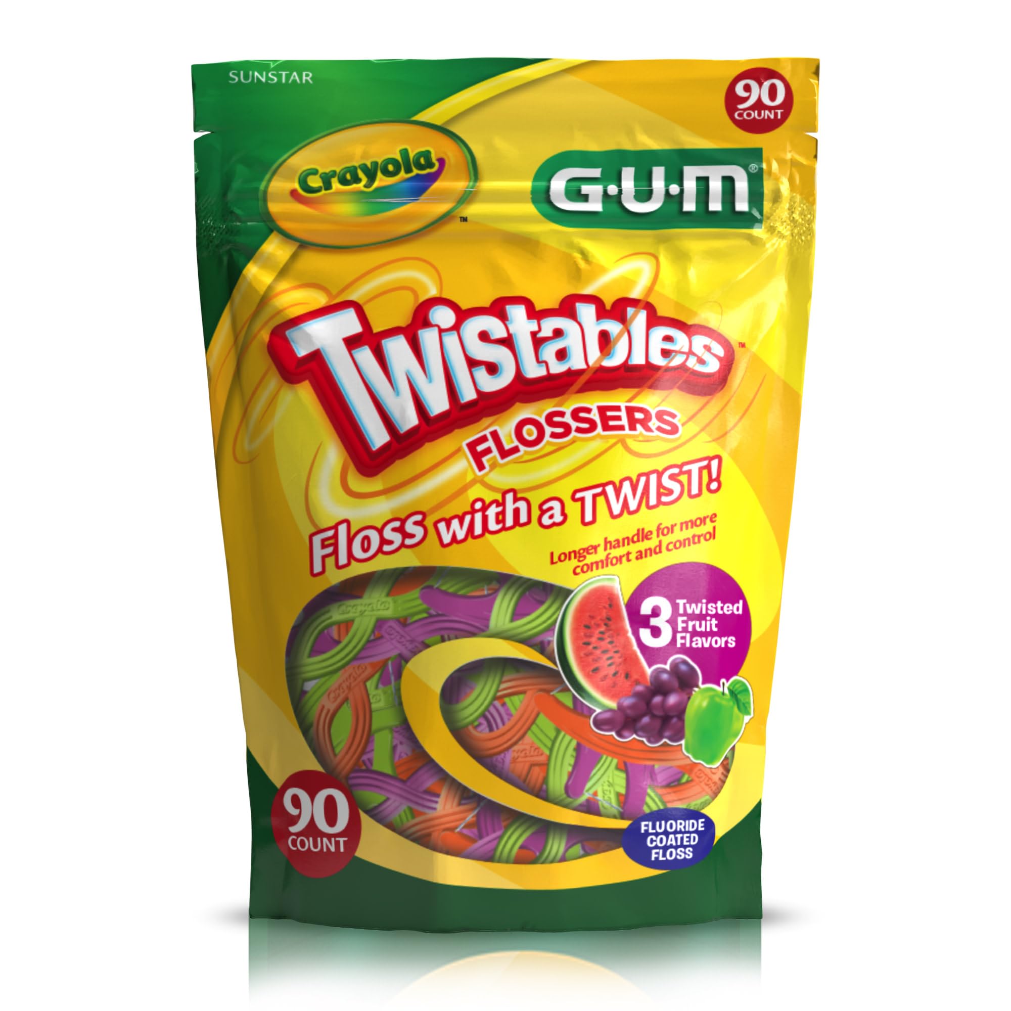 GUM Crayola comparación de tamaño del flosser junto a una mano de niño