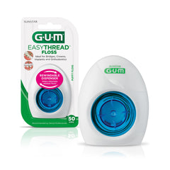 GUM EasyThread vista frontal del empaque mostrando el dispensador portátil y usos