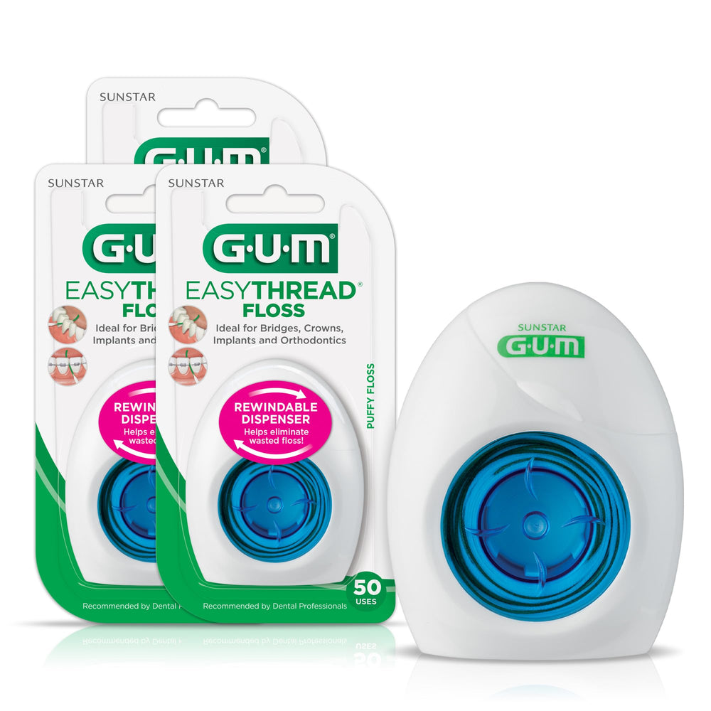 GUM EasyThread vista frontal del dispensador, facilita almacenamiento higiénico