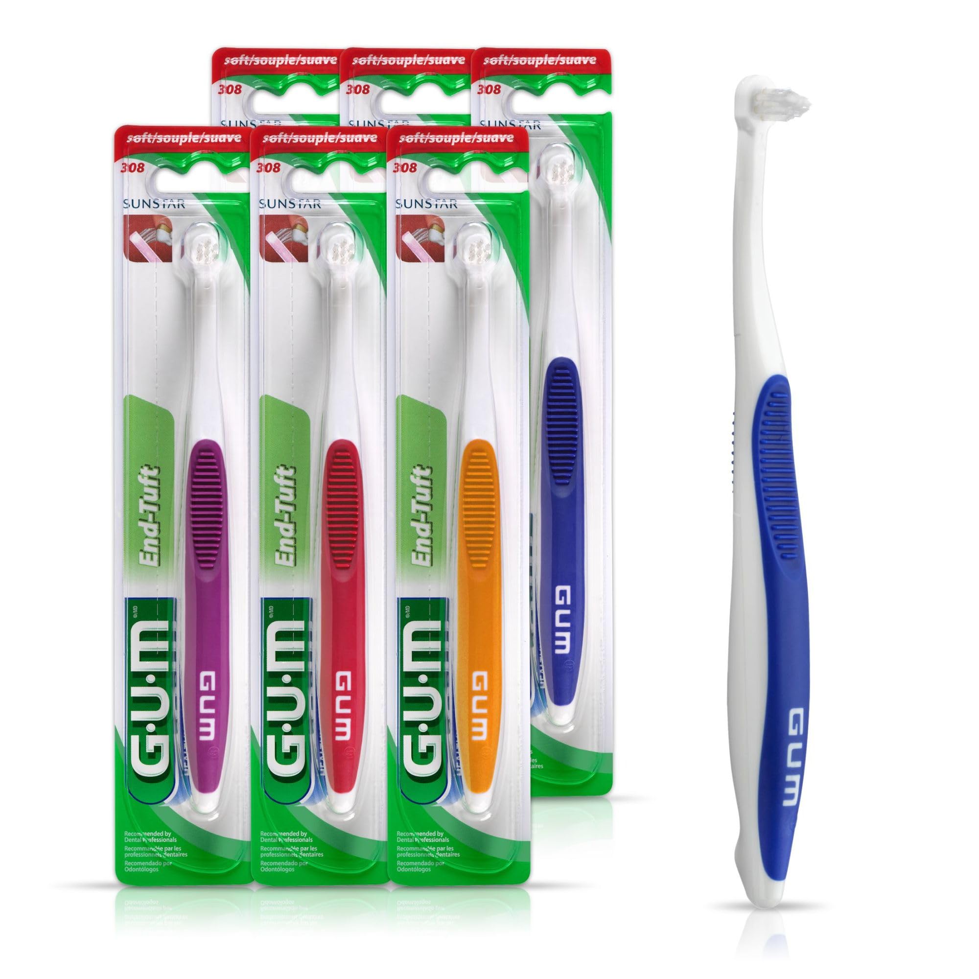 GUM cepillo end tuft frontal empaque mostrando cabeza pequeña y control