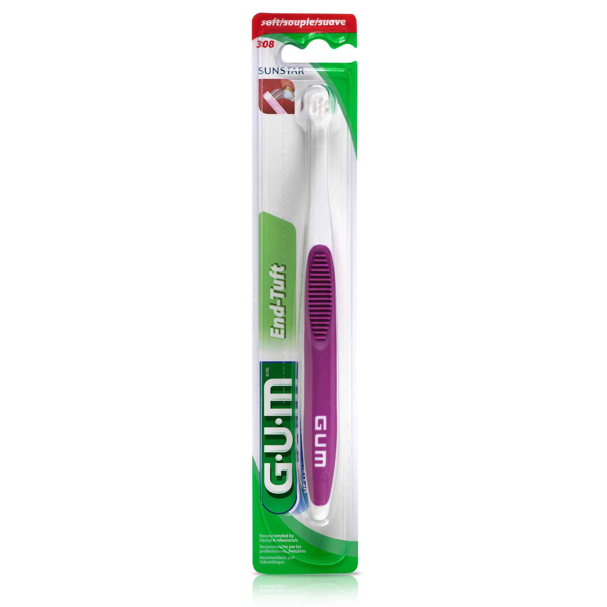 GUM cepillo en uso alcanzando muela trasera beneficiando higiene focal