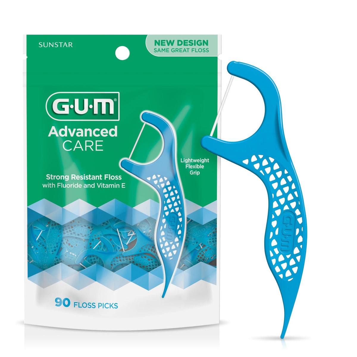 GUM frente del empaque mostrando 90 paletas para limpieza interdentales y conveniencia