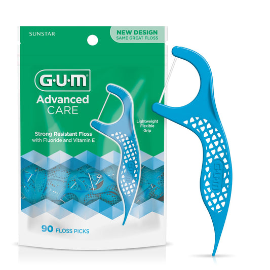GUM frente del empaque mostrando 90 paletas para limpieza interdentales y conveniencia