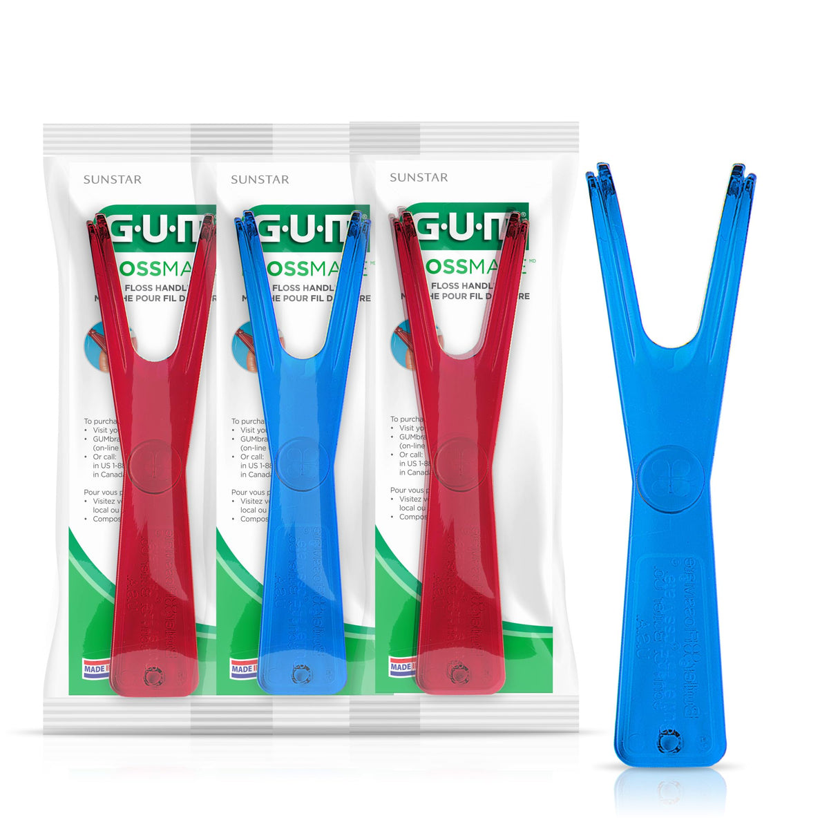GUM Flossmate mango frontal mostrando diseño ergonómico y control cómodo