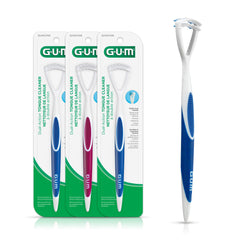 GUM limpiador de lengua vista frontal con mango ergonómico para control