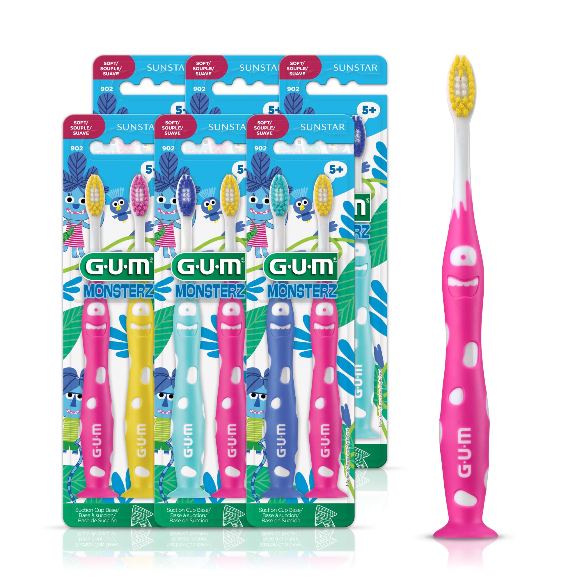 GUM cepillo frontal en empaque colorido mostrando diseño divertido