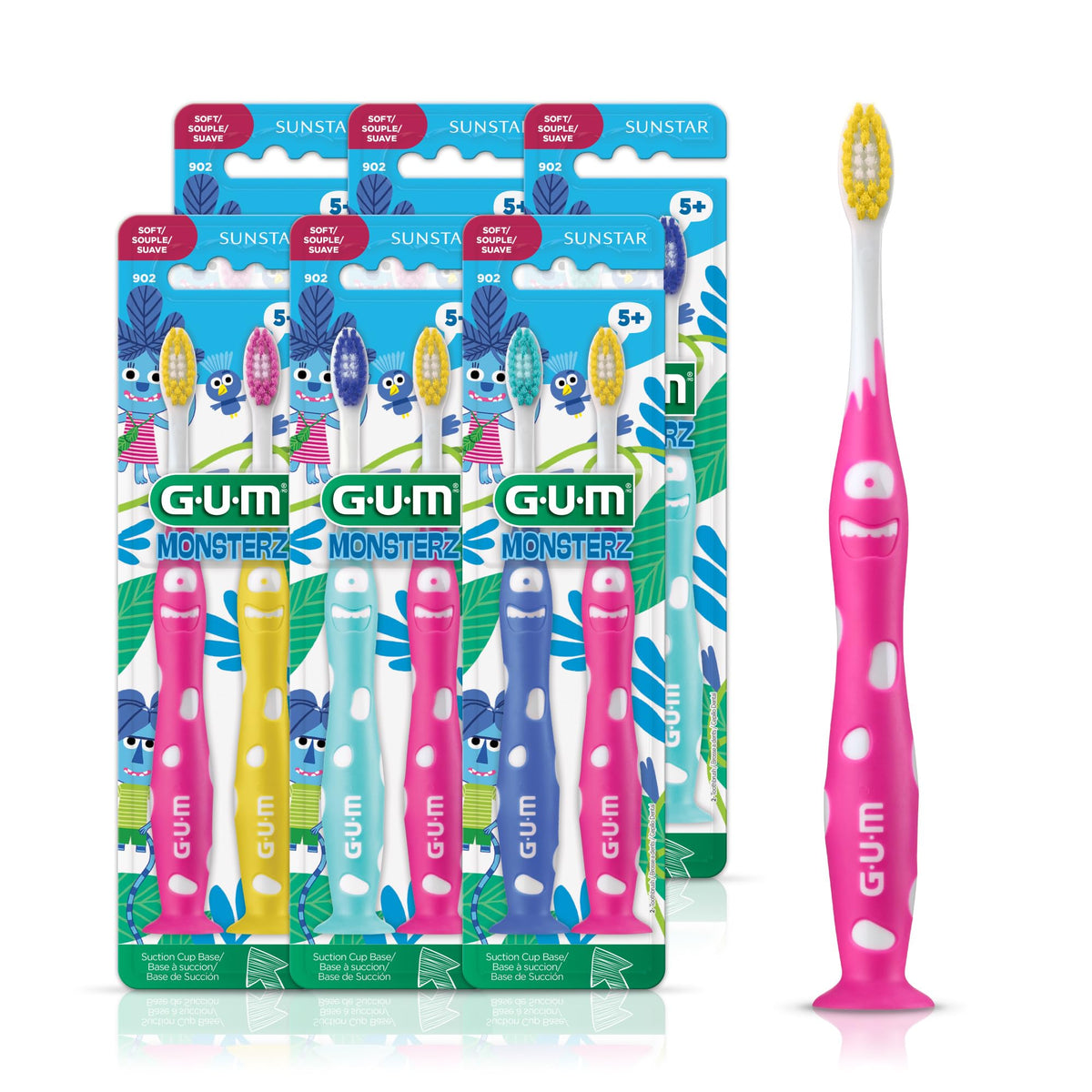 GUM cepillo frontal en empaque colorido mostrando diseño divertido