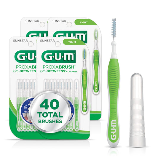 GUM Proxabrush embalaje frontal mostrando el pack y beneficio de limpieza interdental portátil