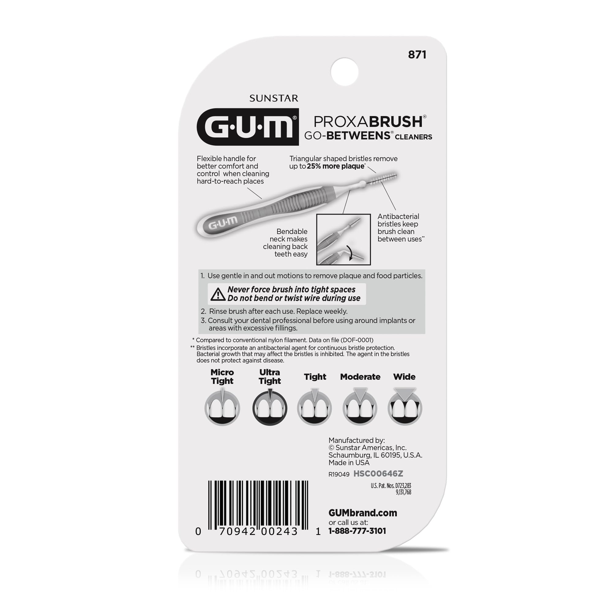 GUM Proxabrush en estuche de viaje dentro de bolso, limpieza interdental portátil