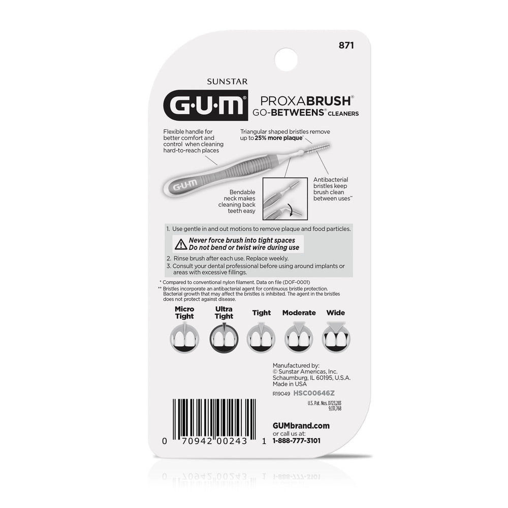 GUM Proxabrush en estuche de viaje dentro de bolso, limpieza interdental portátil