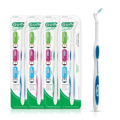 GUM Proxabrush empaque frontal mostrando 4 recambios y mango, limpieza eficaz