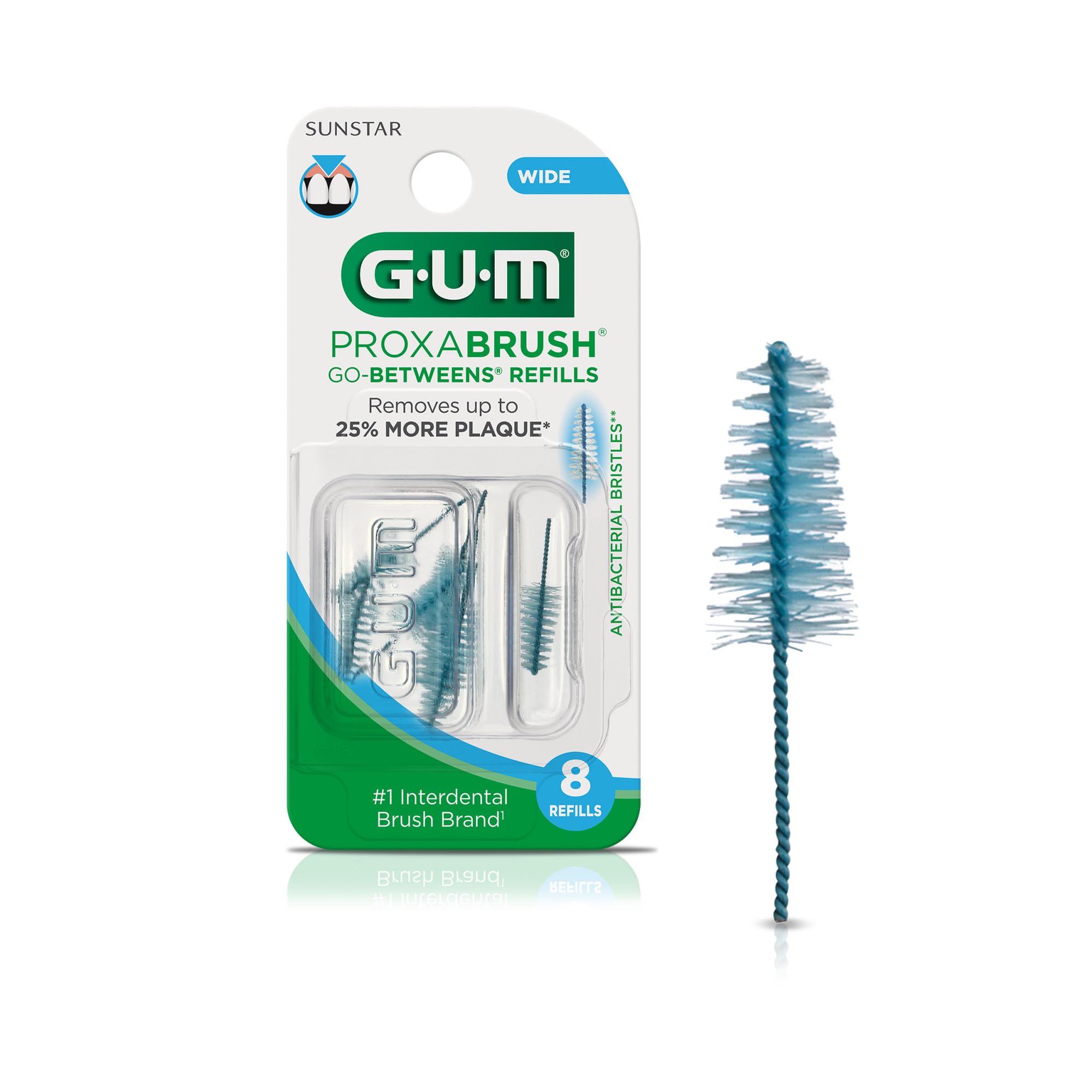 GUM Proxabrush frontal del embalaje mostrando el pack y beneficio de recambios