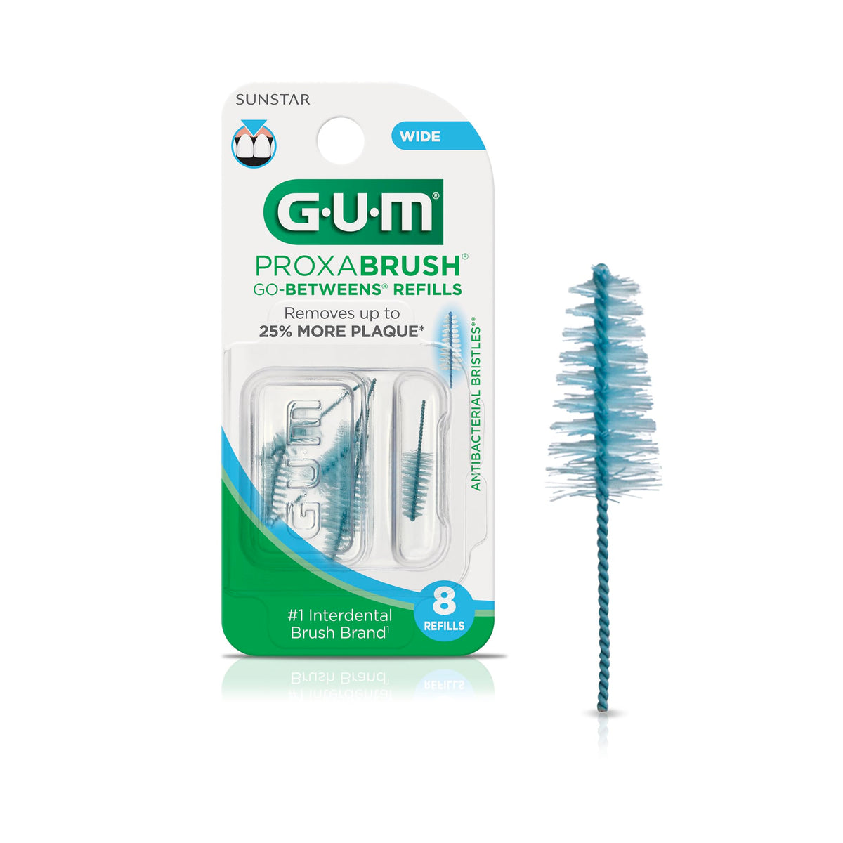 GUM Proxabrush frontal del embalaje mostrando el pack y beneficio de recambios