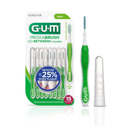 GUM Proxabrush embalaje delantero mostrando 15 cepillos para limpieza interdental rápida