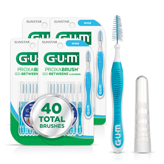 GUM vista frontal del pack que muestra 10 cepillos interdentales para limpieza eficaz