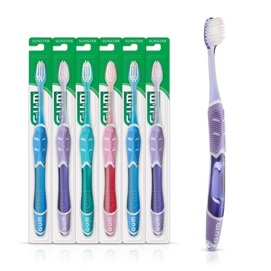 GUM cepillo frontal empaque paquete de seis mostrando variedad, limpieza práctica
