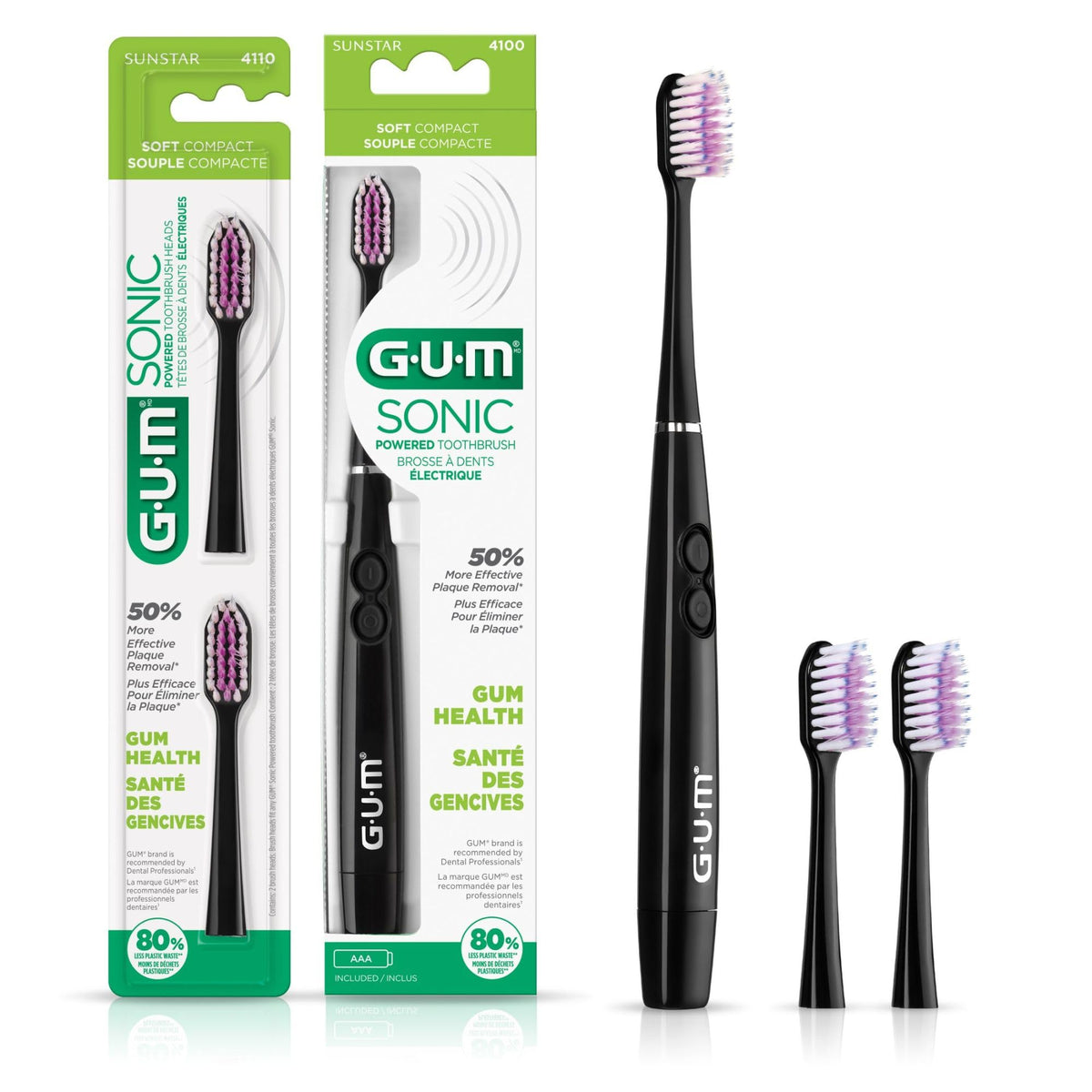 GUM Sonic vista frontal del cepillo mostrando diseño elegante y beneficio portable