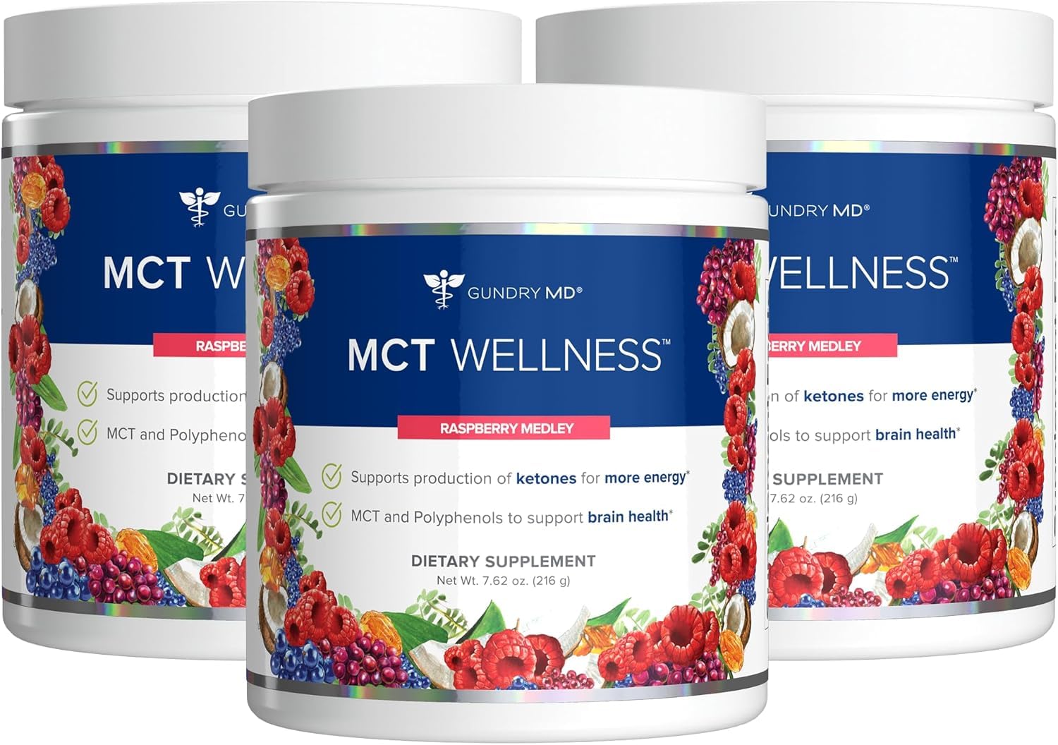 Gundry MD envase frontal Raspberry Medley mostrando sabor y beneficio energético