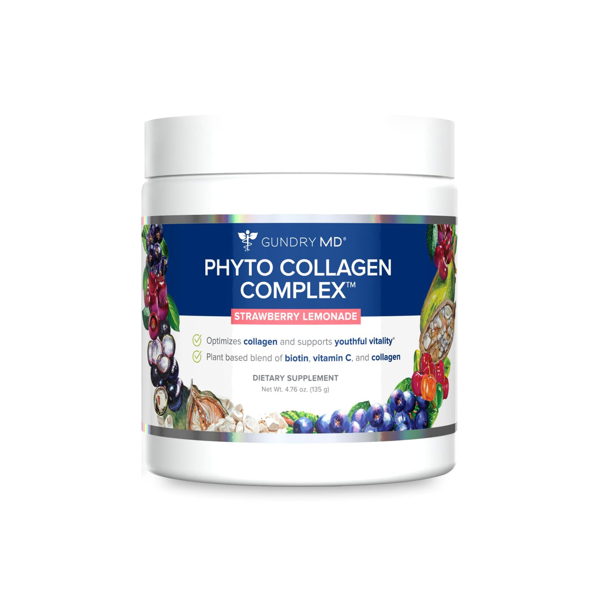 Gundry MD envase frontal del Phyto Collagen con diseño claro y sabor fresa-limón