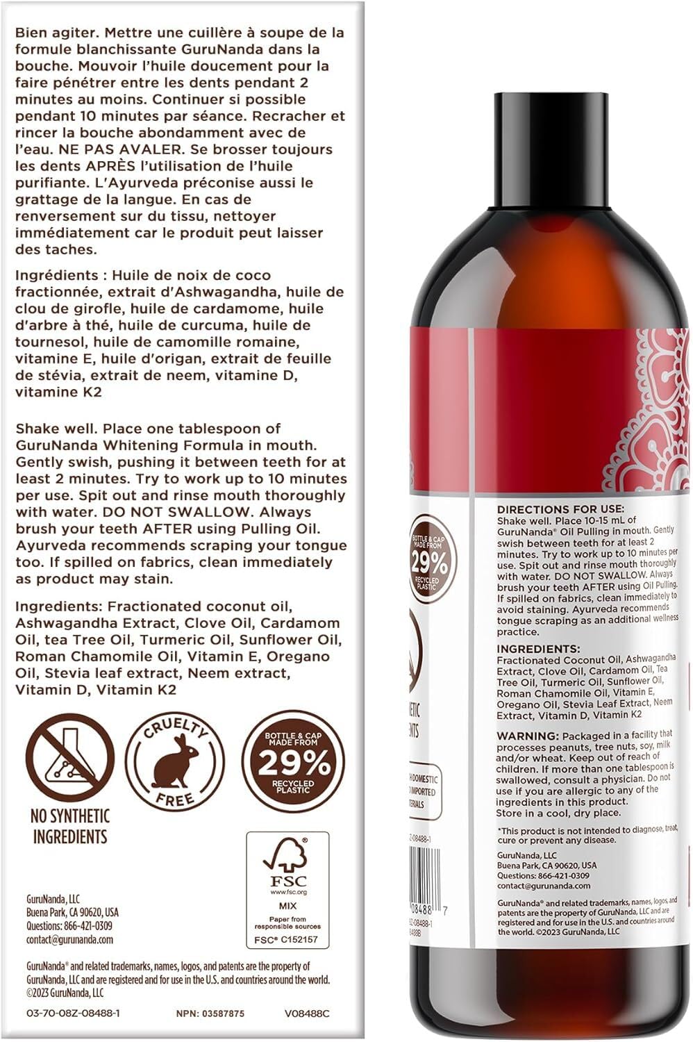GuruNanda botella con canela y neem, evidencia de ingredientes naturales