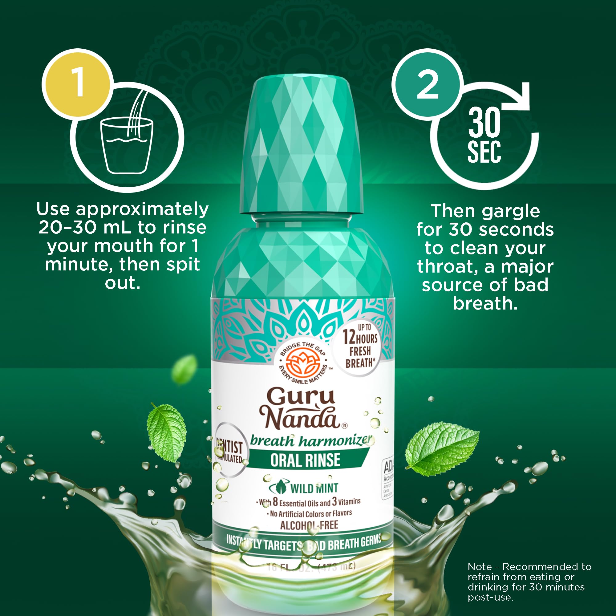 GuruNanda botella junto a mano para comparar tamaño real de 16 oz