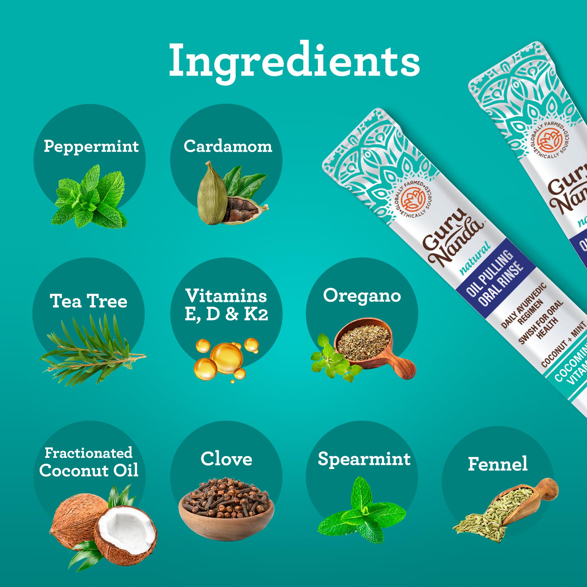 GuruNanda etiqueta con lista de ingredientes naturales y vitaminas, transparencia