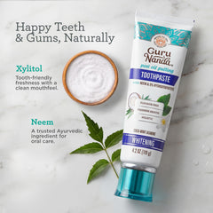 GuruNanda primer plano de neem y xilitol destacando origen natural y limpieza