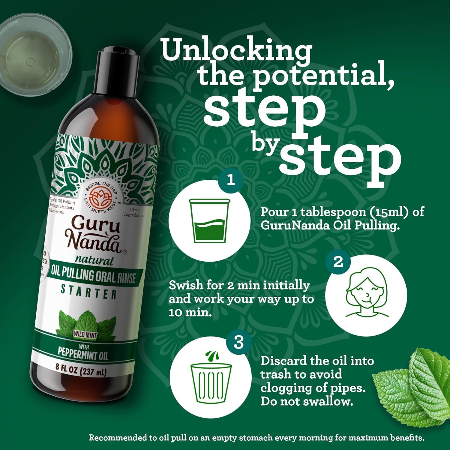 GuruNanda mujer practicando oil pulling antes de cepillarse para higiene
