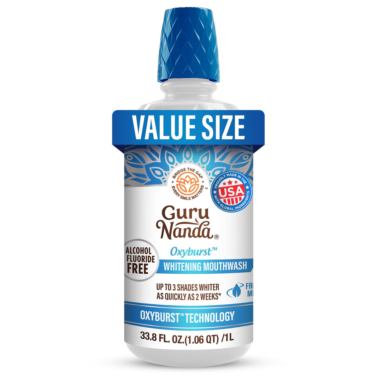 Botella frontal GuruNanda Whitening Mouthwash mostrando tamaño familiar y beneficio blanqueador