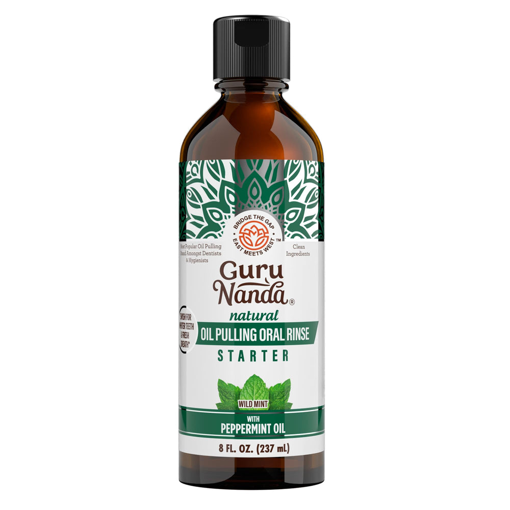 GuruNanda envase frontal del enjuague oil pulling muestra diseño y tamaño