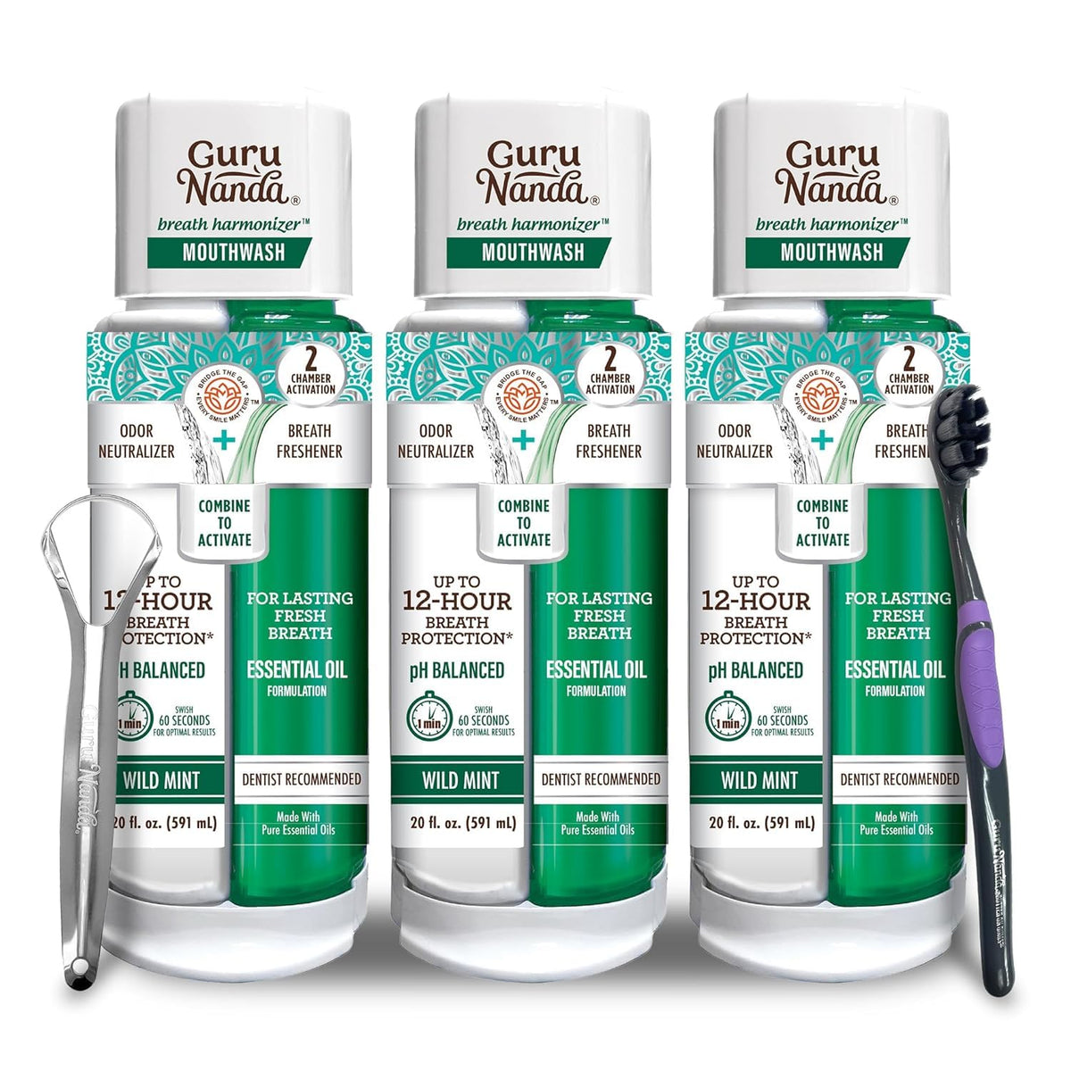 GuruNanda pack de 3 botellas frontales mostrando diseño y conveniencia
