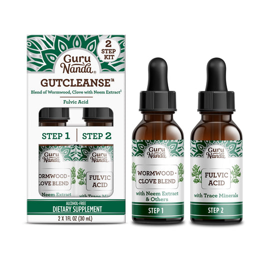 GuruNanda frasco frontal del kit Gutcleanse mostrando etiqueta y tamaño, beneficio claridad