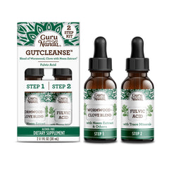 GuruNanda frasco frontal del kit Gutcleanse mostrando etiqueta y tamaño, beneficio claridad
