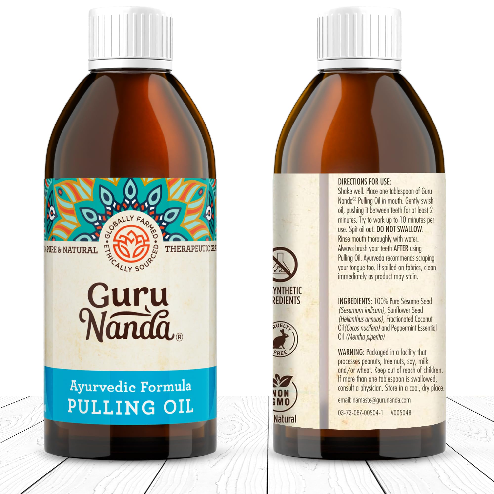 Cocos y semillas junto a botella GuruNanda muestran ingredientes naturales
