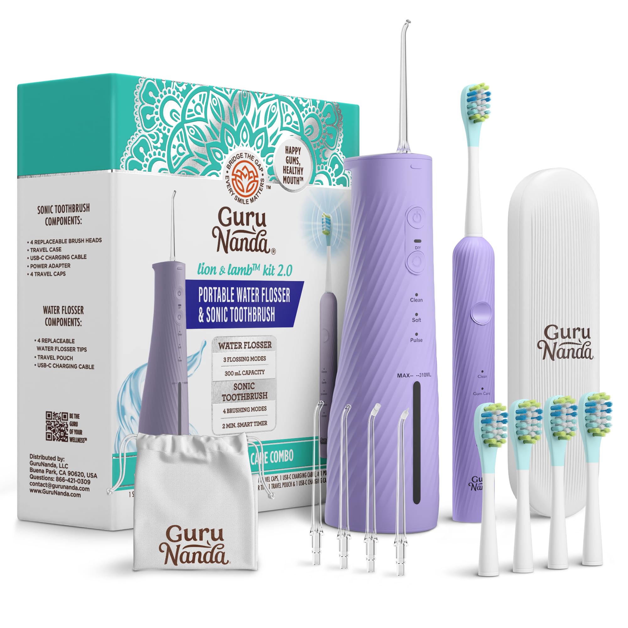 GuruNanda kit frontal en lavanda mostrando cepillo y irrigador, diseño práctico