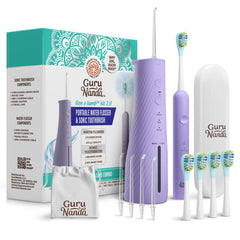 GuruNanda kit frontal en lavanda mostrando cepillo y irrigador, diseño práctico