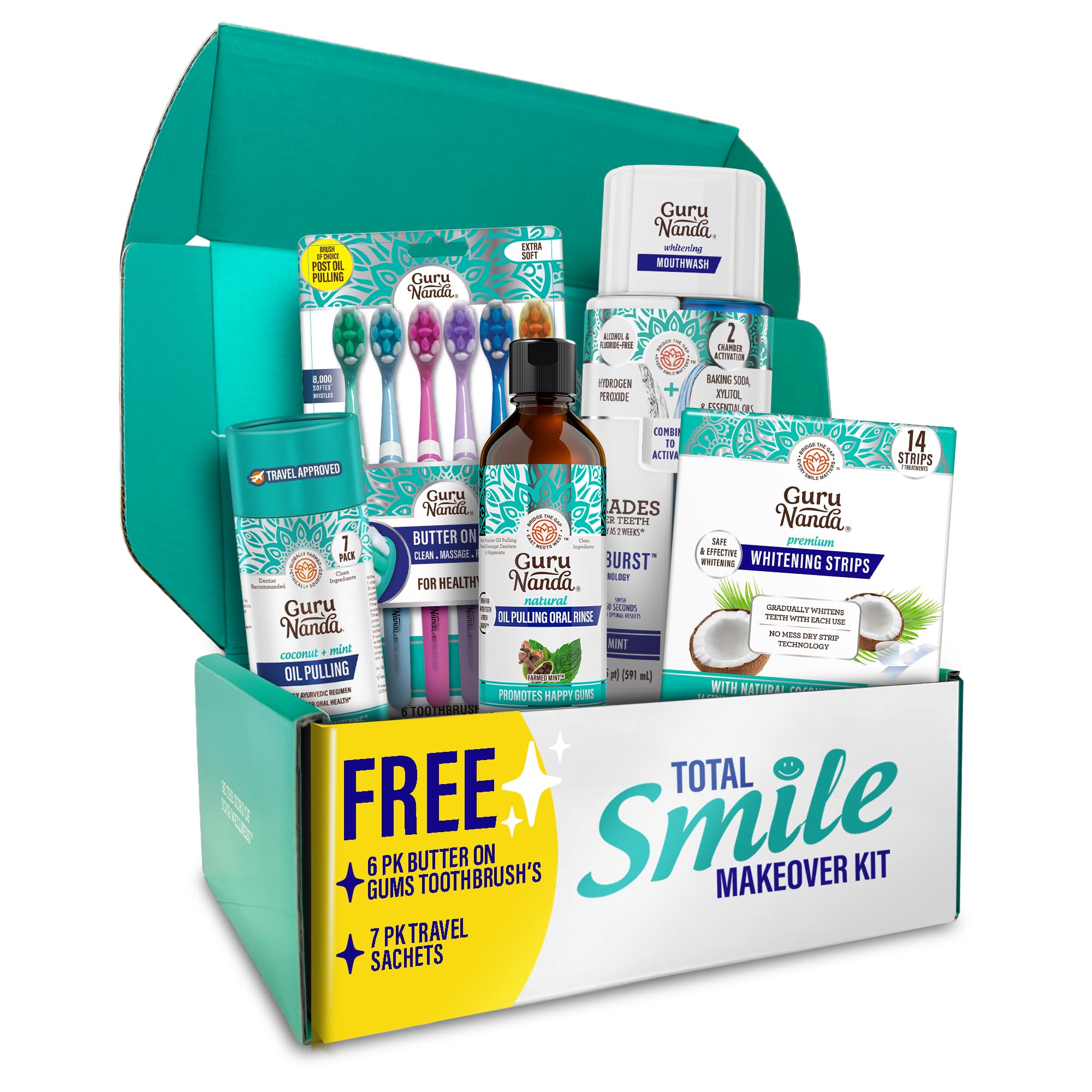 GuruNanda kit frontal mostrando todos los productos y beneficios